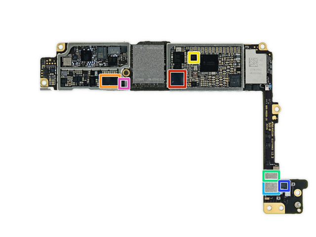 红色：Apple/Cirrus Logic 338S00105 Audio Codec 成色：Cirrus Logic 338S00220 音频解码芯片(x2) 黄色：Lattice Semiconductor ICESLP4K 绿色：Skyworks 13702-20 分集接收器天蓝色：Skyworks 13703-21 分集接收器 蓝色：Avago LFI630 183439 紫色：NXP 610A38